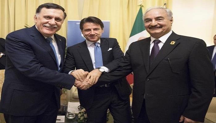 المشير خليفة حفتر مع فايز السراج ورئيس وزراء إيطاليا