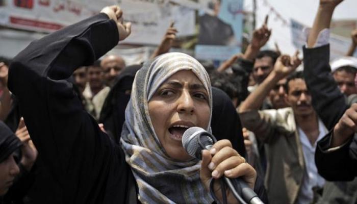 توكل كرمان خلال أحداث فبراير 2011 في اليمن