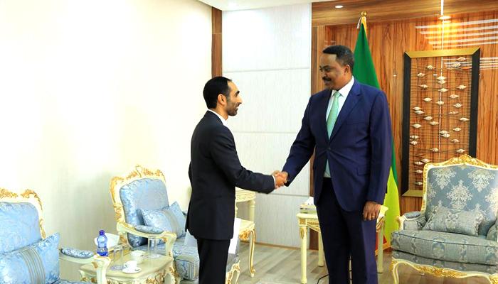 وزير الخارجية الإثيوبي خلال استقباله سفير دولة الإمارات الجديد