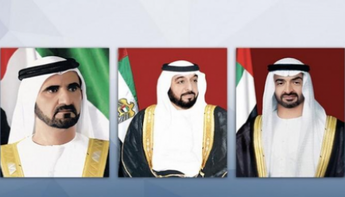 الشيخ خليفة بن زايد آل نهيان والشيخ محمد بن راشد آل مكتوم والشيخ محمد بن زايد آل نهيان