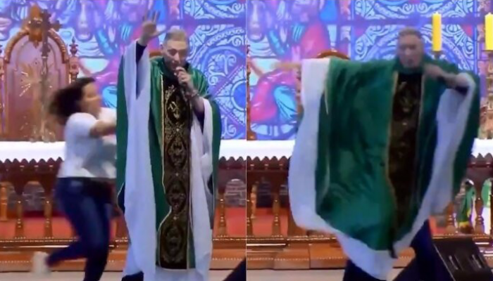 امرأة تدفع راهبا من أعلى خشبة مسرح