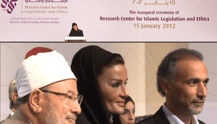 طارق رمضان مع والدة أمير قطر ومفتي الإرهاب يوسف القرضاوي