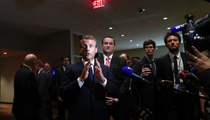 الرئيس الفرنسي خلال كلمة للصحفيين في أروقة الأمم المتحدة