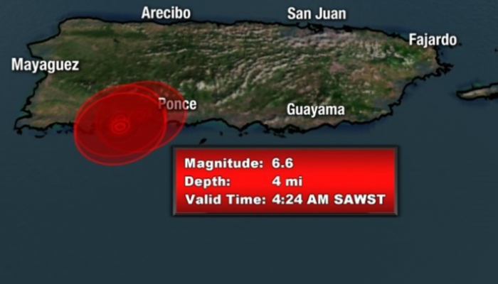 خريطة تبين مركز الزلزال في بورتوريكو