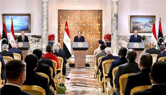 وقائع المؤتمر الصحفي المشترك بين السيسي وحفتر وصالح