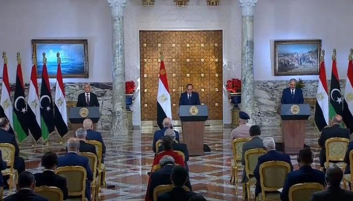 وقائع المؤتمر الصحفي المشترك بين السيسي وحفتر وصالح