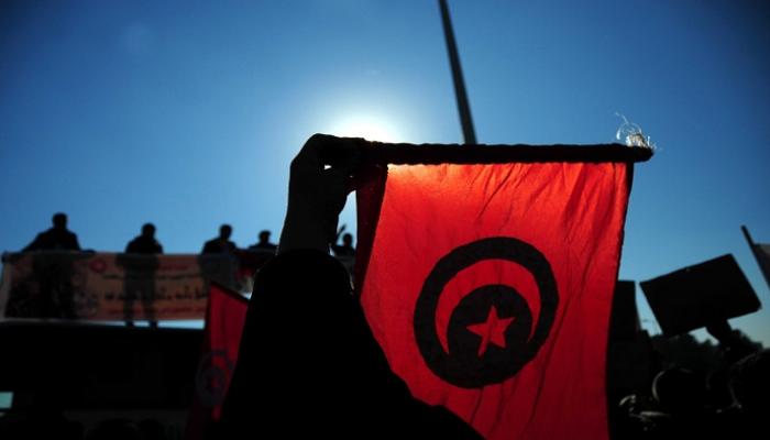 متظاهر يرفع علم دولة تونس - الفرنسية