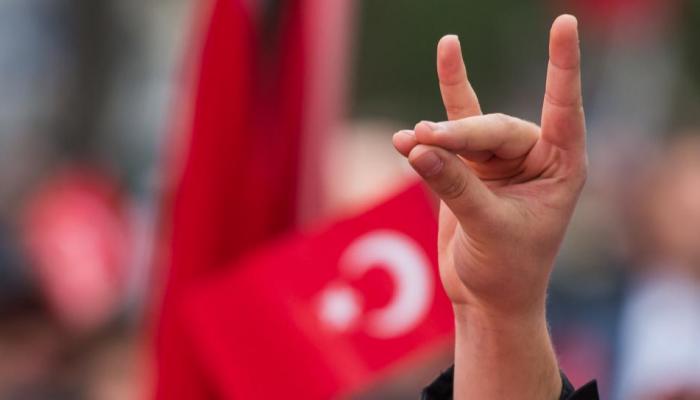 شخص يلوح بشعار الذئاب الرمادية - أرشيفية