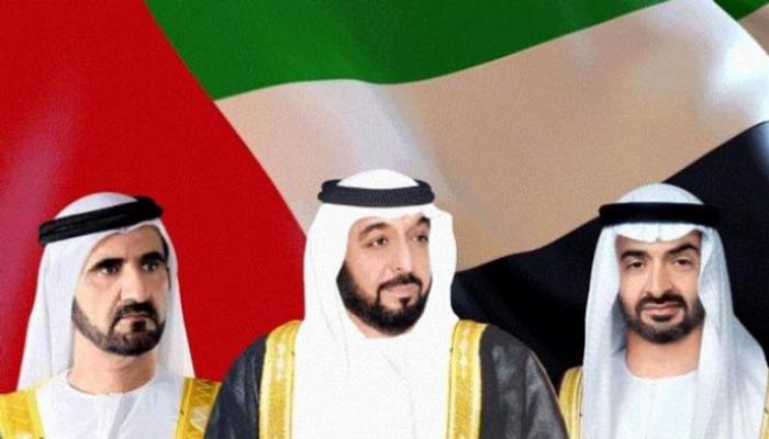 الشيخ خليفة بن زايد آل نهيان والشيخ محمد بن راشد آل مكتوم والشيخ محمد بن زايد آل نهيان
