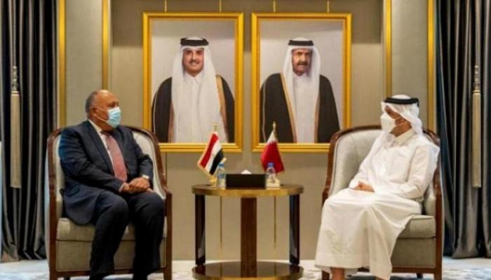 لقاء وزير خارجية مصر سامح شكري ونظيره القطري الشيخ محمد بن عبد الرحمن