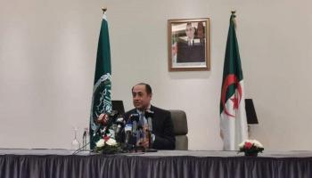 السفير حسام زكي خلال المؤتمر الصحفي بالجزائر
