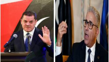 من اليمين باشاغا رئيس الحكومة الحالية وإلى يساره الدبيبة الرئيس السابق