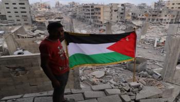 فلسطيني يحمل علم بلاده وسط أنقاض المنازل المدمرة في غزة