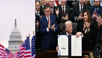 ترامب بعد توقيعه على القرار ومبنى الكونغرس الأمريكي