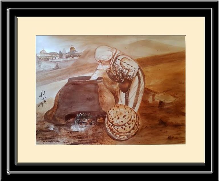 الفنان الأردني نياز المشني أمام لوحة من لوحاته