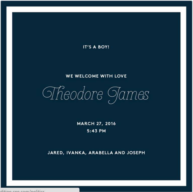 إعلان وصول ثيودور جيمس، حفيد دونالد ترامب