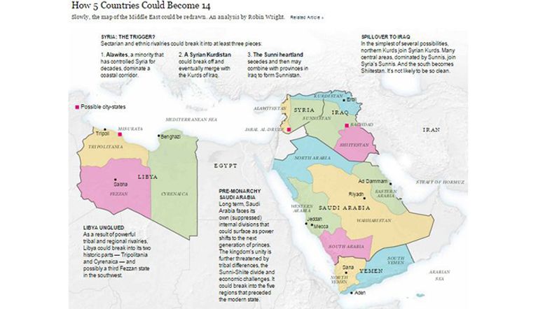 "خريطة نشرتها نيويورك تايمز لتقسيم 5 دول عربية إلى 14 دولة"