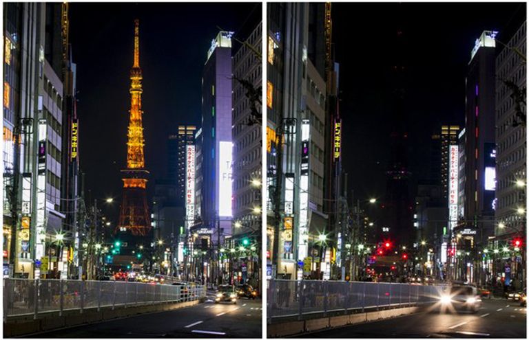 برج طوكيو قبل وبعد زلزال أمس الخميس