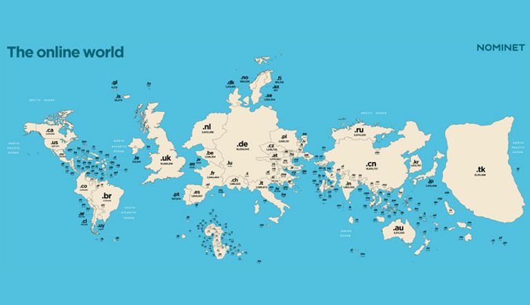 خريطة توضح تقسيم دول العالم من خلال نطاقات الإنترنت الخاصة بها