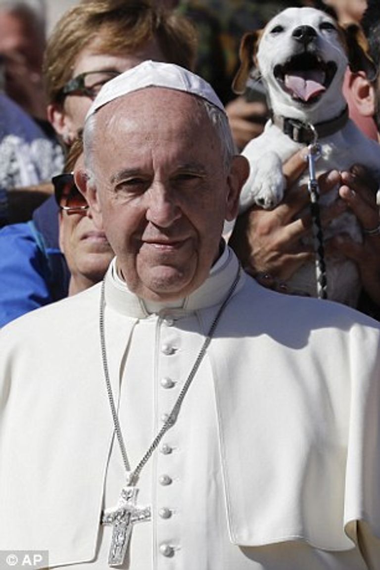 كلب مرح يبتسم خلف بابا الفاتيكان 