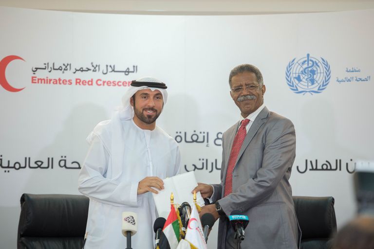 توقيع اتفاقيتي تعاون بين الإمارات ممثلة بهيئة الهلال الأحمر ومنظمة الصحة العالمية