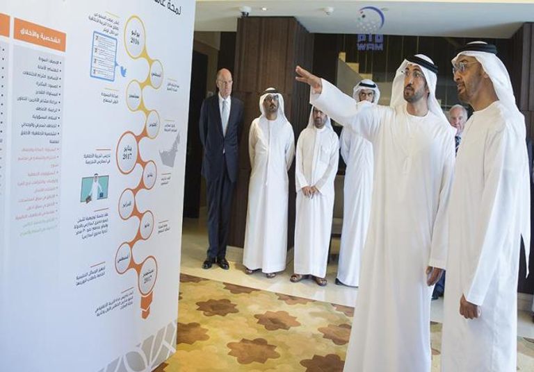 الشيخ محمد بن زايد آل نهيان ولي عهد أبوظبي نائب القائد الأعلى للقوات المسلحة أثناء استعراض منهج التربية الأخلاقية