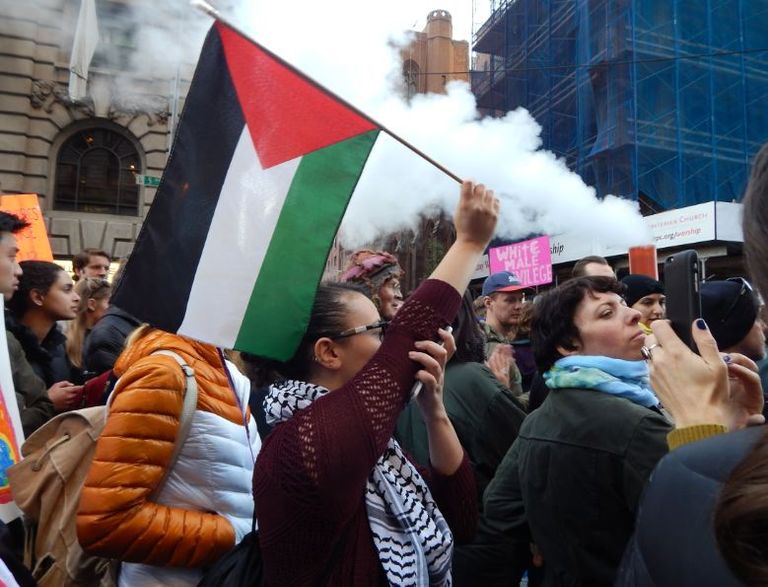 علم فلسطين يظهر في المظاهرات المضادة لترامب