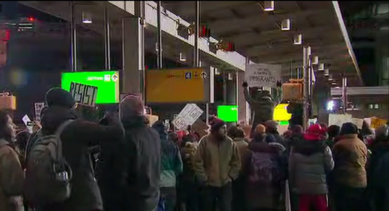 علم الثورة السورية في احتجاجات بمطار شيكاغو 