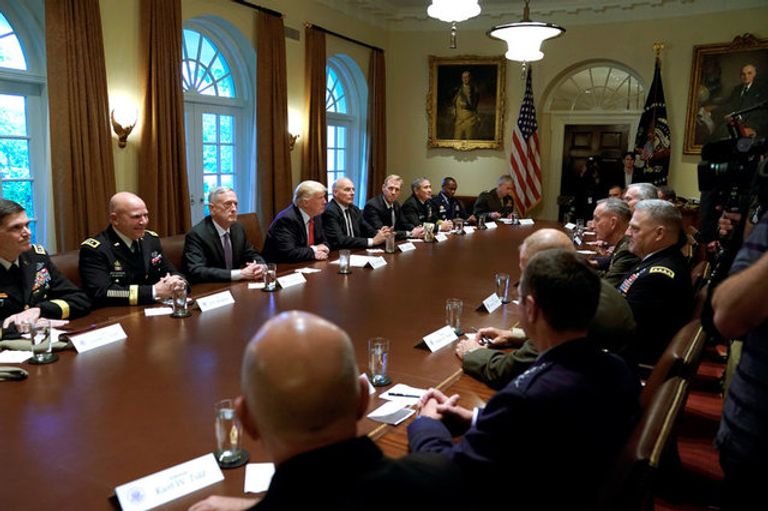 ترامب مع كبار القادة العسكريين في اجتماع بالبيت الأبيض - رويترز ترامب ينفذ ما توعد به إيران خلال برنامجه الانتخابي (رويترز)