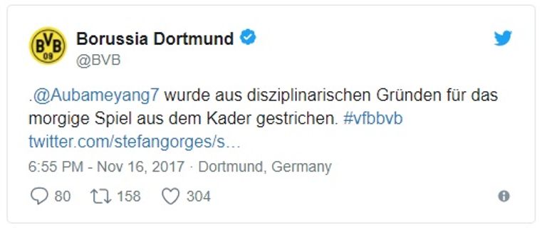 تغريدة دورتموند بشأن أوباميانج