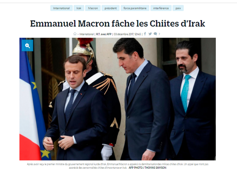 الرئيس الفرنسي إيمانويل ماكرون ورئيس وزراء كردستان نبرفان بارازاني