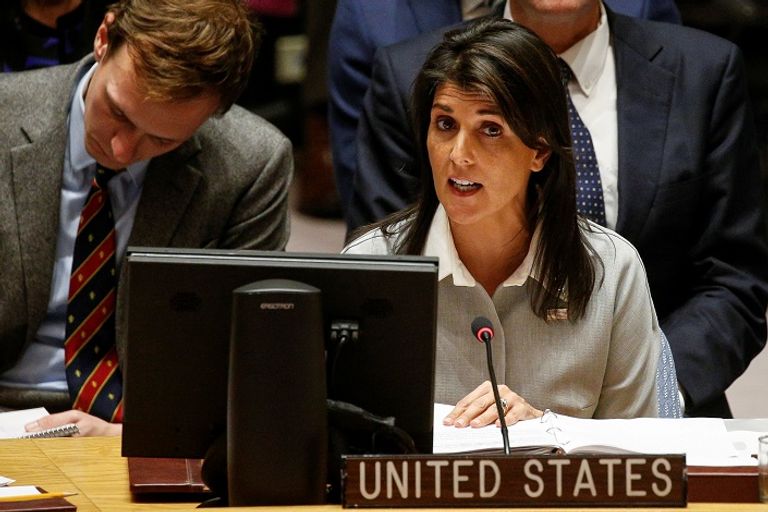 مندوبة الولايات المتحدة الأمريكية بالأمم المتحدة نيكي هايلى مندوب فلسطين بالأمم المتحدة رياض منصور مع نظيرته الأمريكية نيكي هايلي