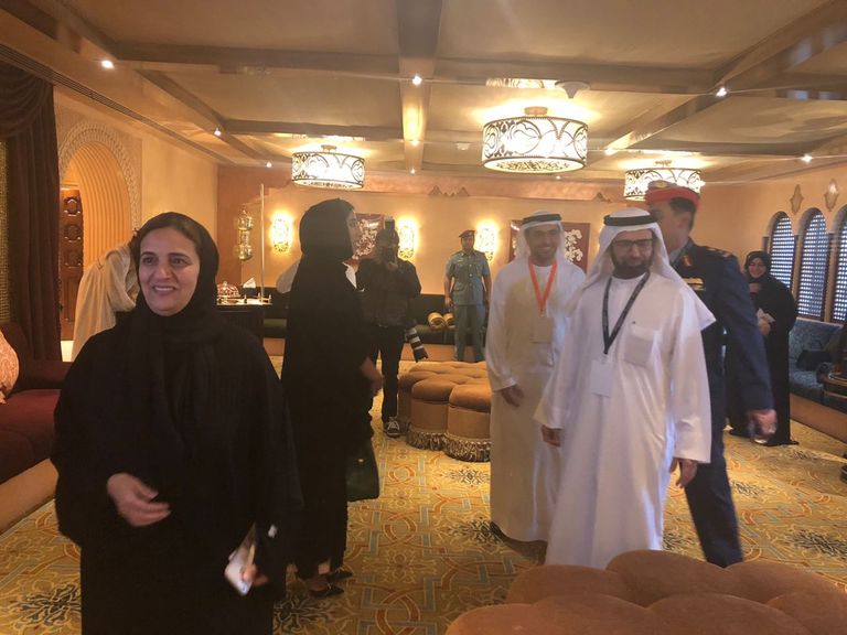 د.علي راشد النعيمي والشيخة لبنى بنت خالد القاسمي ومنى المري الشيخ نهيان بن مبارك آل نهيان خلال افتتاح القمة