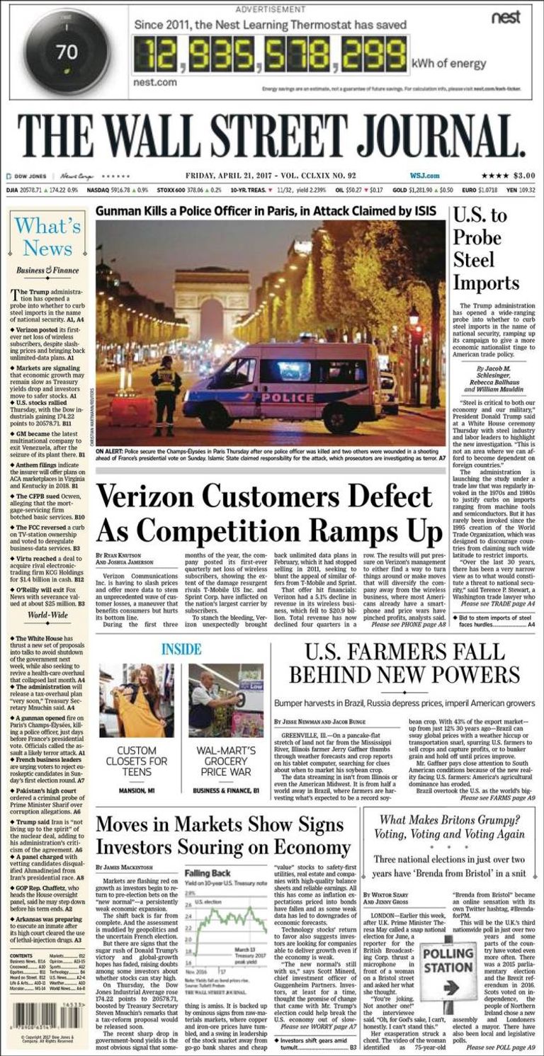 هجوم باريس تصدر عناوين الصفحات الأولى