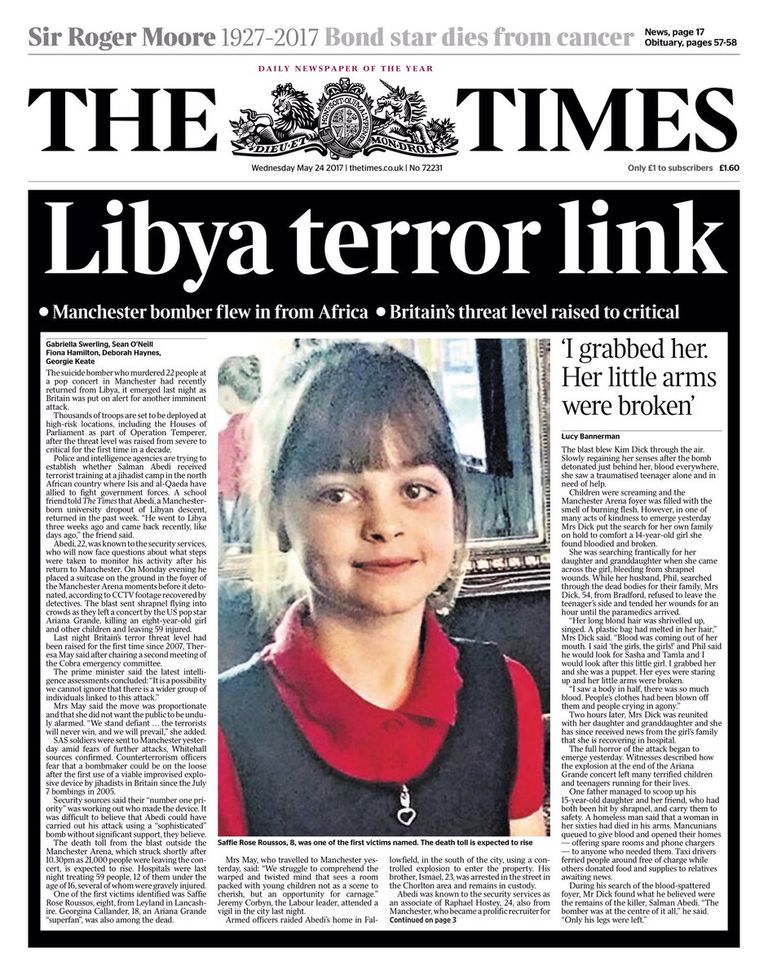 هجوم مانشستر تصدر عناوين صحف العالم