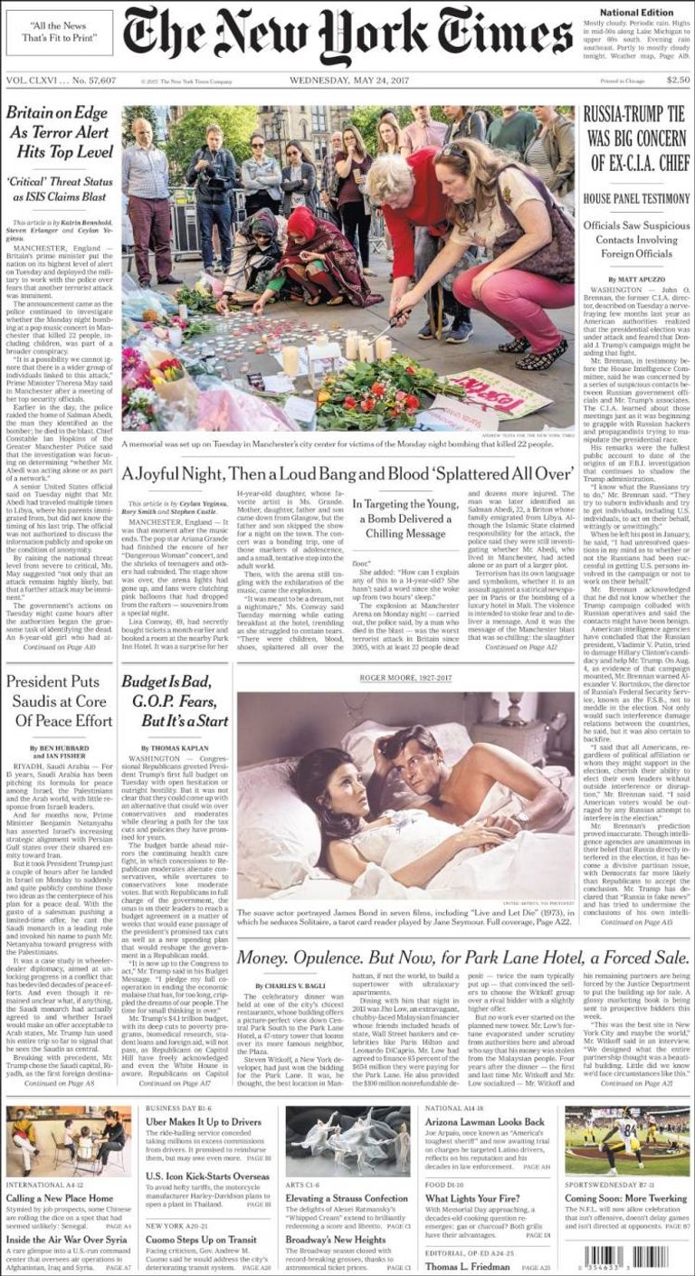 هجوم مانشستر تصدر عناوين صحف العالم