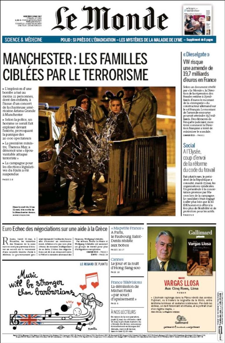 هجوم مانشستر تصدر عناوين صحف العالم