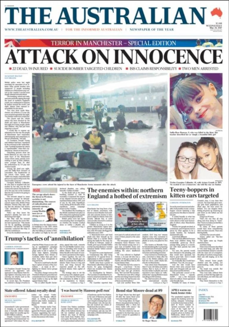 هجوم مانشستر تصدر عناوين صحف العالم