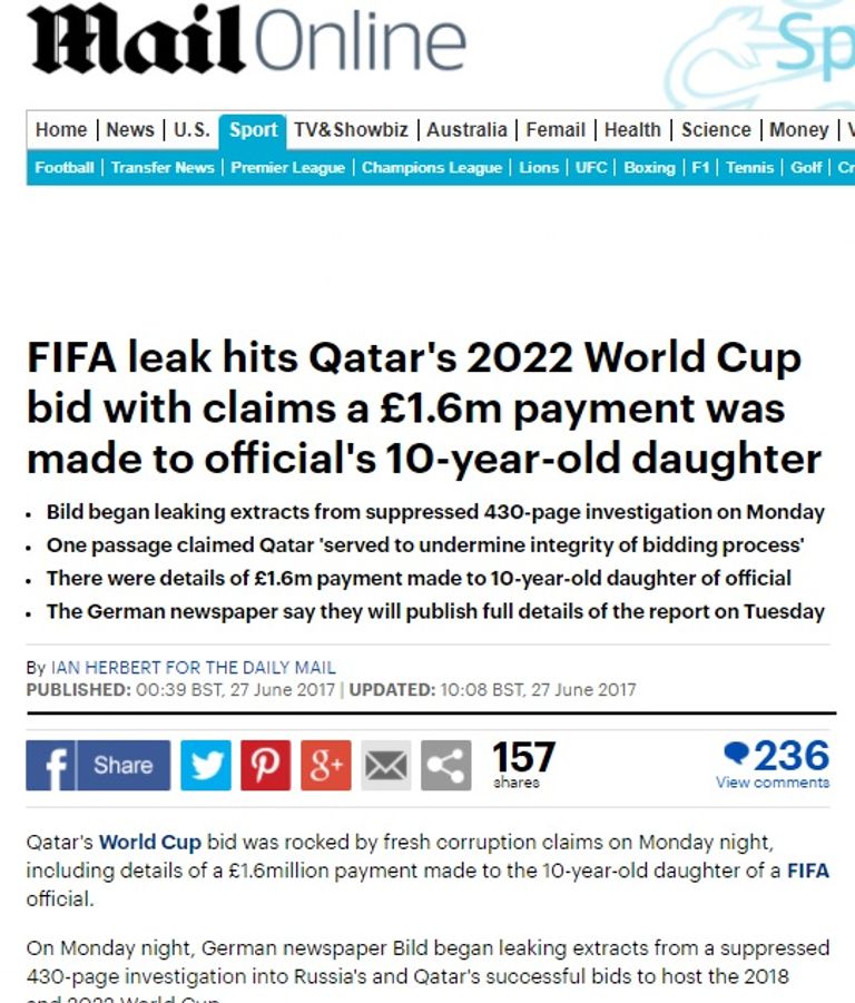 تقرير ديلي ميل  الفساد يلاحق مونديال قطر