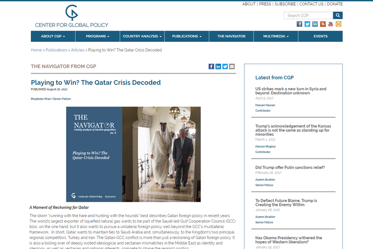 صورة من الدراسة على موقع المركز المركز: أمير قطر اختار أن يكون عميلا ضد أشقائه