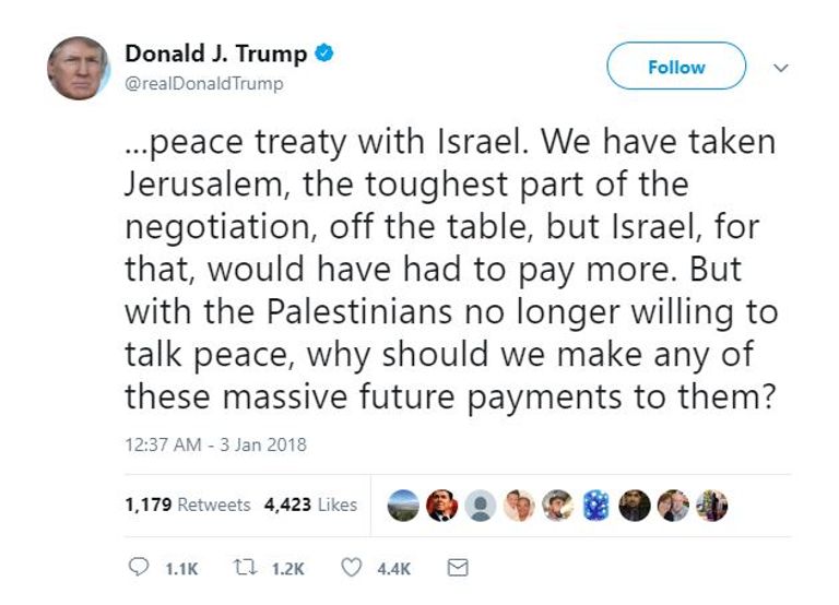 تغريدة لترامب بشأن القدس والمساعدات للسلطة الفلسطينية الرئيس الأمريكي دونالد ترامب - أرشيفية