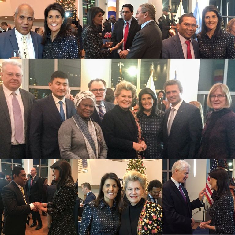 صورة نشرتها سفيرة الولايات المتحدة في الامم المتحدة نيكي هايلي على حسابها بتويتر المندوبة الأمريكية لدى الأمم المتحدة خلال حفل الاستقبال