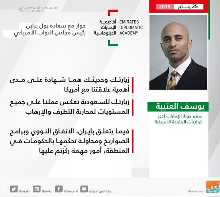 العتيبة رحب بتصريحات براين حول إيران والإرهاب براين أشاد بمستوى العلاقات مع الإمارات