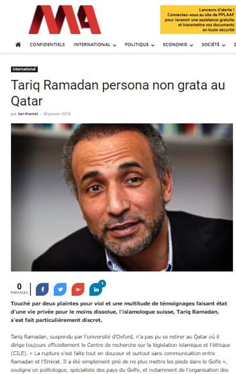 الموضوع في الصحيفة الفرنسية طارق رمضان المغتصب - حفيد مؤسس الإخوان