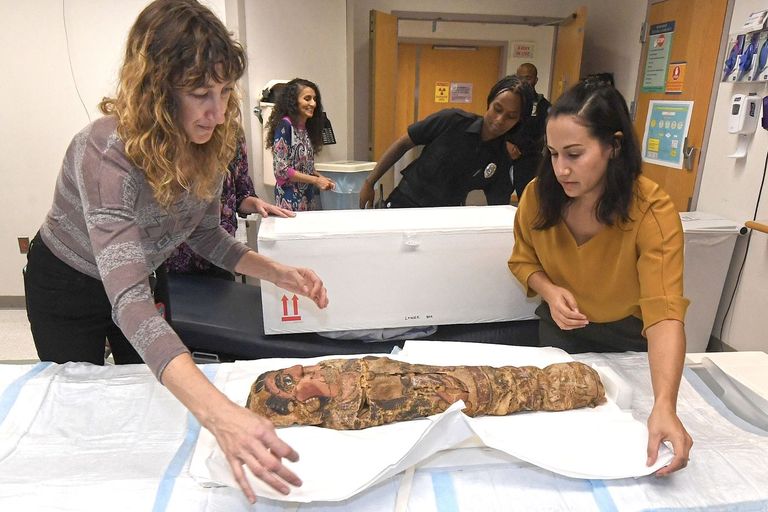 تجهيز المومياء لدخول جهاز الأشعة المومياء أثناء وضعها على جهاز الأشعة