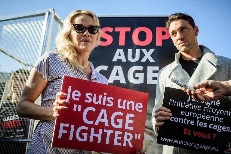 باميلا أندرسون داخل قفص دعما لحقوق الحيوانات