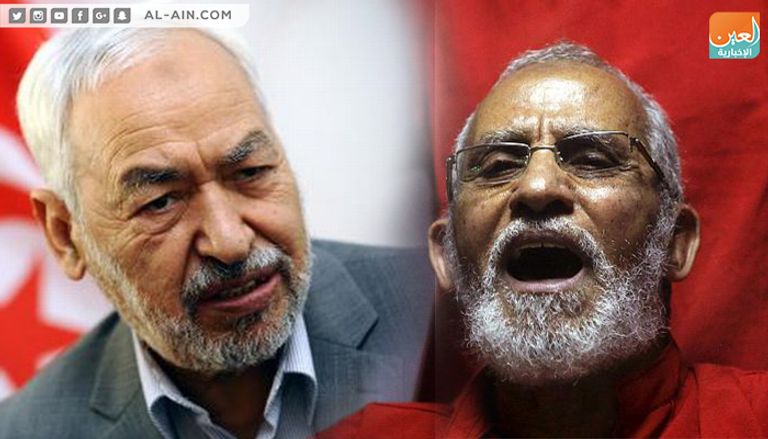 راشد الغنوشي زعيم إخوان تونس ومحمد بديع مرشد تنظيم الإخوان الإرهابي