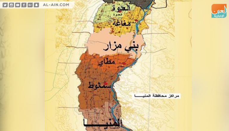 خريطة محافظة المنيا وبها مركز العدوة الذي شهد الهجوم