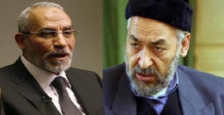 راشد الغنوشي زعيم إخوان تونس ومحمد بديع مرشد تنظيم الإخوان الإرهابي مظاهرات في تونس تحمّل حركة النهـضة مسؤولية اغتيال بلعيد والبراهمي