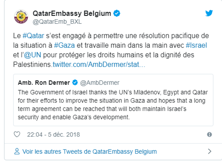 تغريدة السفارة القطرية في بروكسل رئيس الوزراء الإسرائيلي بنيامين نتنياهو وأمير قطر تميم